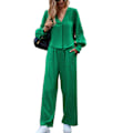 Miniatyrbild 2 av 4: Dam 2-delat fritidsset Enfärgade set V-ringad rynkad topp Mellanhög midja Dragsko Långärmade byxor Casual outfits Grön L