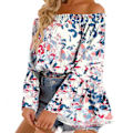 Miniatyrbild 1 av 4: Dam Off Shoulder Topp Casual Utsvängd Långärmad Volang Blus Rynkad Lös Elegant Skjorta Vit Botten Blå Färgmönster S