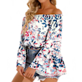 Miniatyrbild 2 av 4: Dam Off Shoulder Topp Casual Utsvängd Långärmad Volang Blus Rynkad Lös Elegant Skjorta Vit Botten Blå Färgmönster S