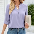 Miniatyrbild 1 av 4: Dam Långärmad Topp Enfärgad V-ringning Lös Passform Pullover Blus för Vardagsbruk Arbete Gata Lila XL