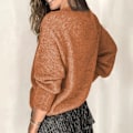 Miniatyrbild 1 av 4: Dam Långärmad Tröja V-ringad Spetskant Lös Passform Knappdekor Enfärgad Pullover Stickad Topp Brun XXL