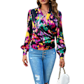 Miniatyrbild 2 av 4: Dam Satin Wrap V-ringad Blus Blommig Puff Långärmad Lös Passform Elegant Topp Svart M