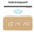 Miniatyrbild 5 av 5: Digital väckarklocka i trä med snabb trådlös laddare, justerbar ljusstyrka, för ett elegant och funktionellt sovrum (Brun)