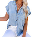 Miniatyrbild 2 av 2: Denimblus Kort Ärm Nedvikt Krage Ficka Fram Enkelknäppt Denimskjorta Topp för Kvinnor Blå S