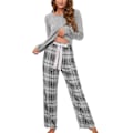 Miniatyrbild 2 av 2: Dam Långärmad Pyjamas Set Dragsko Stängning Rutiga Byxor Tröja Topp Andningsbar 2 Delar Loungewear Set Grå S