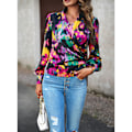 Miniatyrbild 1 av 4: Dam Satin Wrap V-ringad Blus Blommig Puff Långärmad Lös Passform Elegant Topp Svart M