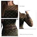 Miniatyrbild 3 av 4: Damtopp Lång Böjd Ärm Rund Hals Blus Slim Fit Elastisk Midja Topp Rutig Mesh Pullover Färgrik L