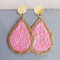 Miniatyrbild 2 av 3: Bohemian Woven Straw Wicker Raffia Rotting Dingle Örhängen Geometriska Circle Round Drop Earrings pink teardrop