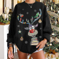Miniatyrbild 2 av 4: Christmas Sweatshirt Crewneck Pullover Långärmad Lösa Toppar Älg Print Skjorta Black XXL