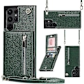 Miniatyrbild 2 av 5: Case i läder för Samsung Galaxy S23 Ultra/ S23+/ S23 med halsrem & stativ & dragkedja Green for S23 Ultra