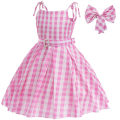 Miniatyrbild 3 av 5: Barbie Cosplay Klänning Kostym Tjejer Margot Robbie Film Outfit Barn Rosa Vit Gingham Klänning Halloween Fest Födelsedag Klä upp med rosett hår 2-3 Years