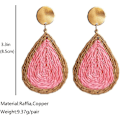 Miniatyrbild 3 av 3: Bohemian Woven Straw Wicker Raffia Rotting Dingle Örhängen Geometriska Circle Round Drop Earrings pink teardrop