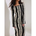 Miniatyrbild 1 av 5: Sommar Kvinna Randig Stickad Maxi Kläder Elegant O-ring Flare Långärmad Bodycon Kläder Dam Mode Streetwear Party Kläder Black 01 S