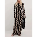Miniatyrbild 5 av 5: Sommar Kvinna Randig Stickad Maxi Kläder Elegant O-ring Flare Långärmad Bodycon Kläder Dam Mode Streetwear Party Kläder Black 01 L