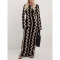 Miniatyrbild 5 av 5: Sommar Kvinna Randig Stickad Maxi Kläder Elegant O-ring Flare Långärmad Bodycon Kläder Dam Mode Streetwear Party Kläder Black 01 S