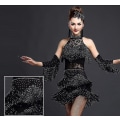 Miniatyrbild 1 av 4: Nya latinska dansdräkter Dam Salsa Danskläder Dansdräkt Klänningar Ballroom Tävlingsklänningar Tango Vuxen Fringe Guld Paljett Black L