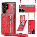 Miniatyrbild 1 av 4: Case i läder för Samsung Galaxy S23 Ultra/ S23+/ S23 med halsrem & stativ & dragkedja Red for S23 Plus