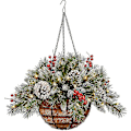 Miniatyrbild 1 av 5: Förbelyst konstgjord hängande korg för jul dekorerad med frostade kottar null none