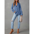 Miniatyrbilde 2 av 4: Dame Skjorte med Knapper i Denim, Casual Langermet V-Hals Chambray Bluse Topp - Xin Sky Blue XX-Large