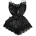 Miniatyrbild 1 av 2: Dam Spets Siden Satin Cami Linne Shorts Pyjamas Set Sexiga Underkläder Nattkläder Sovkläder-Xin Black XL