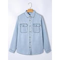 Miniatyrbilde 3 av 5: Dame Skjorte med Knapper i Denim, Casual Langermet V-Hals Chambray Bluse Topp - Xin Beau Blue Small
