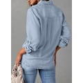 Miniatyrbilde 2 av 5: Dame Skjorte med Knapper i Denim, Casual Langermet V-Hals Chambray Bluse Topp - Xin Beau Blue Medium