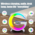 Miniatyrbilde 3 av 5: Smart skrivebordslampe med trådløs lader, stemningslampe, G-formet LED-trådløs skrivebordslampe, Bluetooth-høyttaler, dimmbar nattlys, nattbordslampe, vekkerklokke (USB-Xin