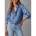 Miniatyrbilde 4 av 4: Dame Skjorte med Knapper i Denim, Casual Langermet V-Hals Chambray Bluse Topp - Xin Sky Blue Medium