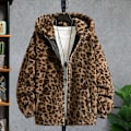 Miniatyrbillede 2 af 5: Leopard Print Langærmet Lomme Lynlås Lukning Herrejakke Vinter Fortykkede Dobbeltsidet Plys Hættejakke-Xin M