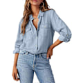 Miniatyrbilde 1 av 5: Dame Skjorte med Knapper i Denim, Casual Langermet V-Hals Chambray Bluse Topp - Xin Beau Blue Small