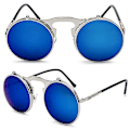 Pikkukuva 2 / 2: Miesten Naisten Retro Käännettävät Pyöreät Steampunk-aurinkolasit Suojalasit Pyöreät Aurinkolasit Vintage-silmälasit Silver Frame Blue Lenses