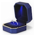 Miniatyrbillede 1 af 3: Luksus Ringæske, Firkantet Fløjl Bryllupsring Etui Smykke Gaveæske Med LED Lys Til Frieri Forlovelse Bryllup Blue