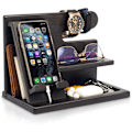Miniatyrbillede 1 af 6: Træ Telefon Docking Station til Mænd - Skrivebords- eller Natbordsorganisator - Fødselsdagsgaver til Mænd, Far - Jubilæumside fra Kone - Nøgleholder Fumed Black