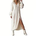 Vinter V-ringad lös midiklänning med slits elegant plus size dam, vit, storlek L White L