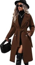 Lang ullfrakk for kvinner med hektekrage, dobbeltspent trenchcoat, brun, størrelse 2XL brown 2XL