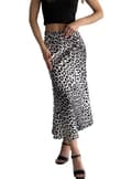 Satin Leopardmönstrade Kjolar Hög Midja Elastisk Midja Långa Kjolar, Vit, Storlek M white M