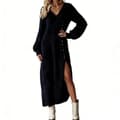 Vinter V-ringad lös midiklänning med slits elegant plus size dam, svart, storlek M Black M