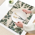 Miniatyrbild 1 av 4: Fresh Simple Abstract Small Leaf Branch Printing Linen Placemat for Dining Table Drink Coaster Home Decoration Modern Kitchen