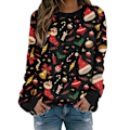 Miniatyrbillede 1 af 3: Dame Jul Langærmet Pullover Jumper Løs Bluse Toppe Black Christmas Hat M