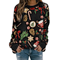 Miniatyrbillede 1 af 3: Dame Jul Langærmet Pullover Jumper Løs Bluse Toppe Black 2XL
