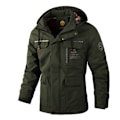 Miniatyrbild 1 av 2: Herrar Vinter Militär Bomberjacka Taktisk Vindjacka Huvad Vattentät Kappa Medellång Höst Ytterkläder med Flera Fickor Army Green 3XL