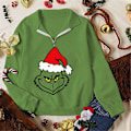 Miniatyrbillede 1 af 2: Glædelig Jul Julemand Grinch Zip V-hals Sweatshirt Kvinder Julegave Sjov Grøn Monster Print Langærmet Trøje style 1 2XL