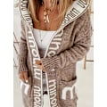 Miniatyrbillede 1 af 5: Strikkede Cardigan med Vandfaldskrave og Bogstavprint, Afslappet Langærmet Trøje med Hætte og Lommer, Kvinder Light Brown M