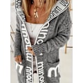 Miniatyrbillede 4 af 5: Strikkede Cardigan med Vandfaldskrave og Bogstavprint, Afslappet Langærmet Trøje med Hætte og Lommer, Kvinder Grey XL