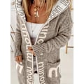 Miniatyrbillede 4 af 5: Strikkede Cardigan med Vandfaldskrave og Bogstavprint, Afslappet Langærmet Trøje med Hætte og Lommer, Kvinder Khaki XS
