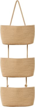 Väggmonterad förvaringskorg, design med tre nivåer, vävt material, lämplig för vardagsrum m.m.