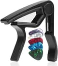 Gitarr capo, lämplig för akustiska och elektriska gitarrer, inkluderar 5 plektrum gratis, svart.