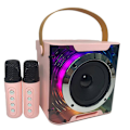 Pikkukuva 3 / 5: Tehokas Karaoke Bluetooth -kaiutin, jossa musiikin rytmivalo, stereoäänentoisto, langaton subwoofer ja kaksi mikrofonia, vaaleanpunainen