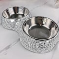 Miniatyrbilde 3 av 5: Rhinestone Hundeskåler Rustfritt Stål Dobbel Matmater Kjæledyr For Valper Silver
