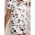 Miniatyrbild 1 av 4: Champagneflaskor Pyjamas Set Dam Tryckt Kortärmad 2 Delar Mjuk Lös Casual Sovkläder Bekväma Hemkläder